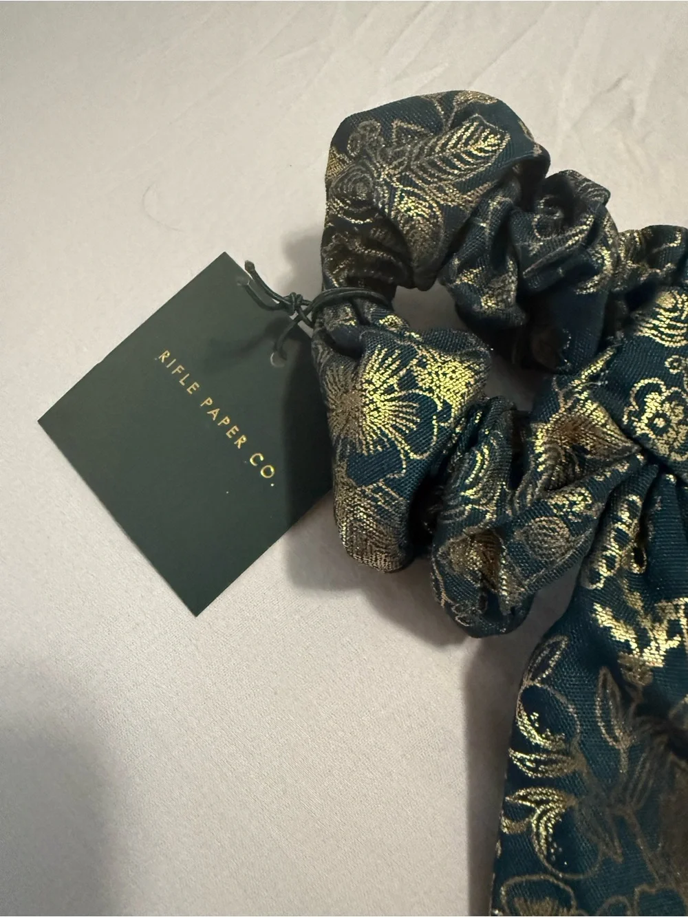 NWT Rifle Paper Co Hair Scrunchie / Bow Deep Green and Gold Floral